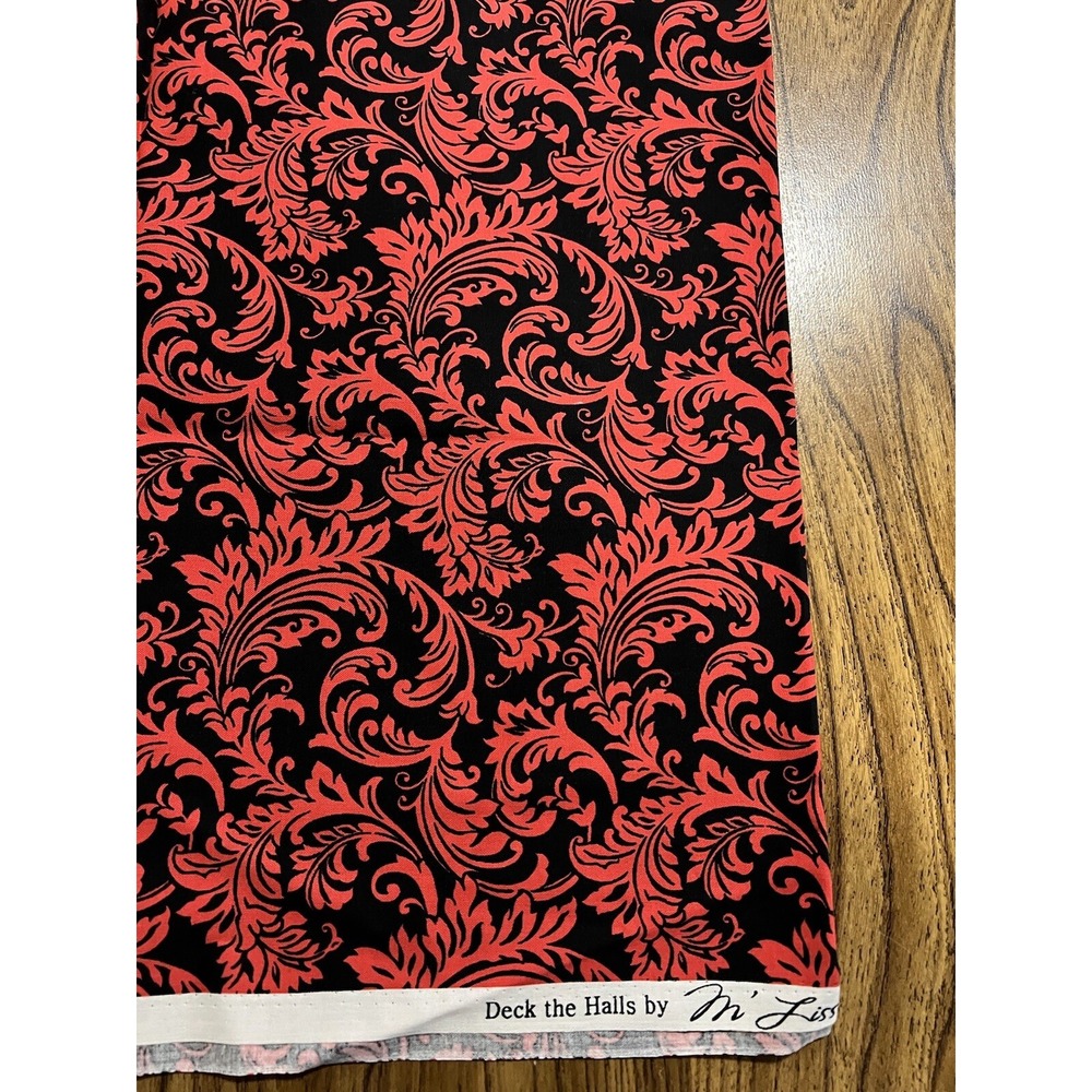 Christmas Holiday Winter Fabric - 1 Yard X 42" - Black With Red Filigree Swirls